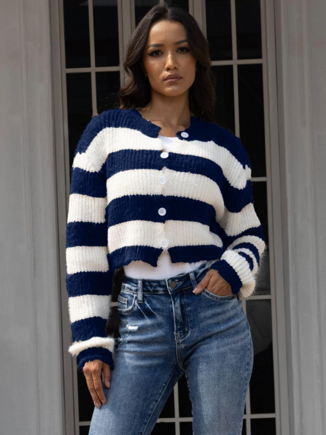 Striped Button Up Dropped Shoulder Cardigan Carauana Store