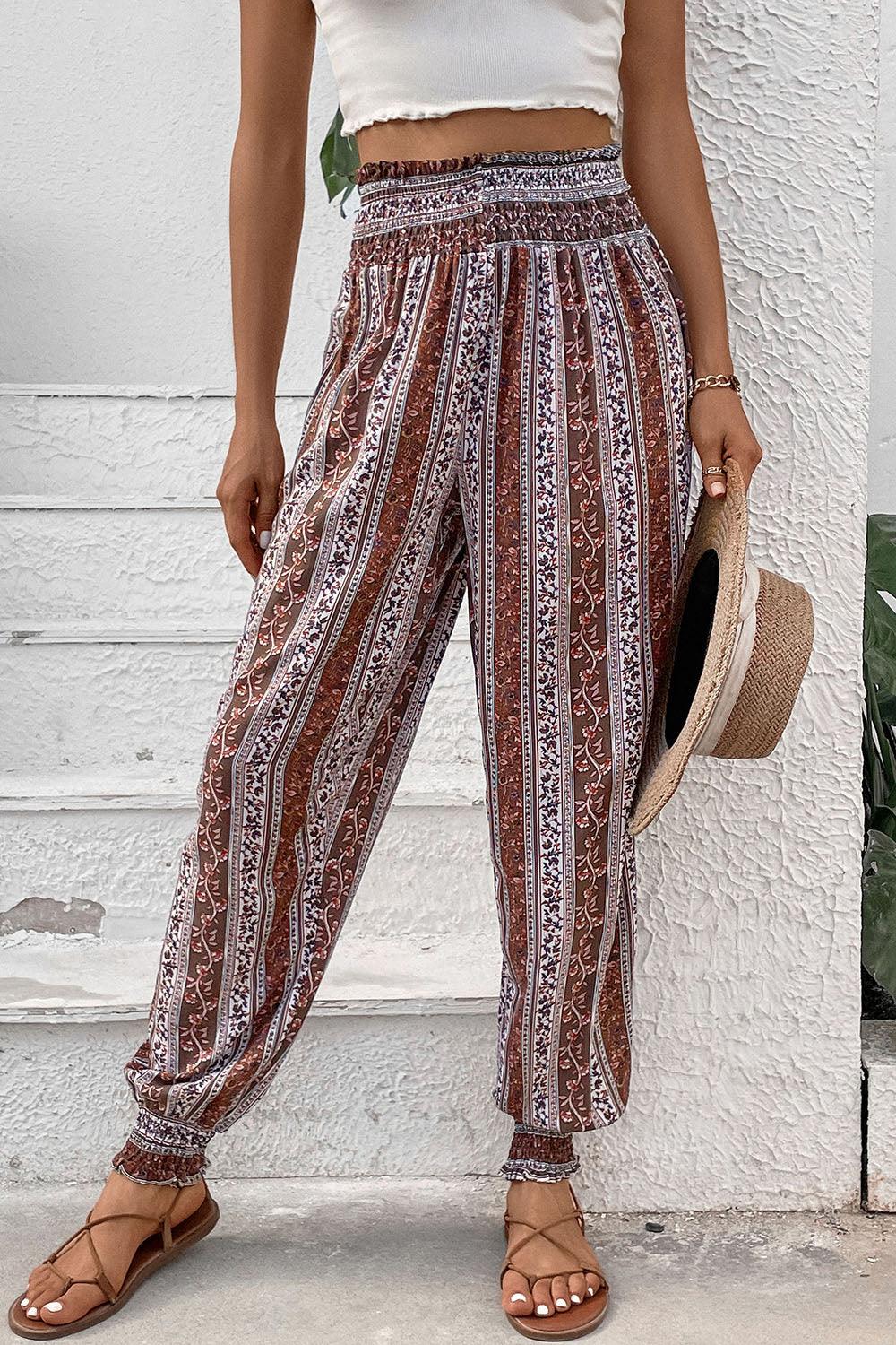 Smocked Printed High Waist Pants Carauana Store
