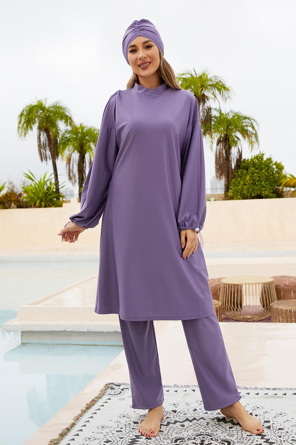 Cap, Drawstring Mock Neck Long Sleeve Top and Pants Swim Set Carauana Store