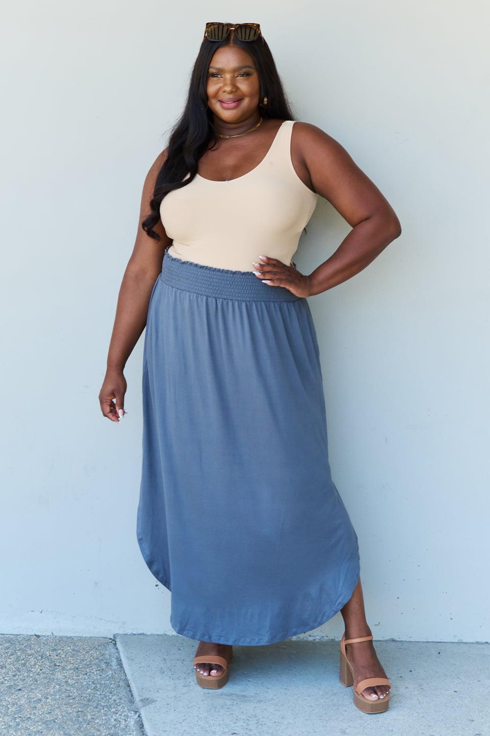 Doublju Comfort Princess Full Size High Waist Scoop Hem Maxi Skirt in Dusty Blue Carauana Store