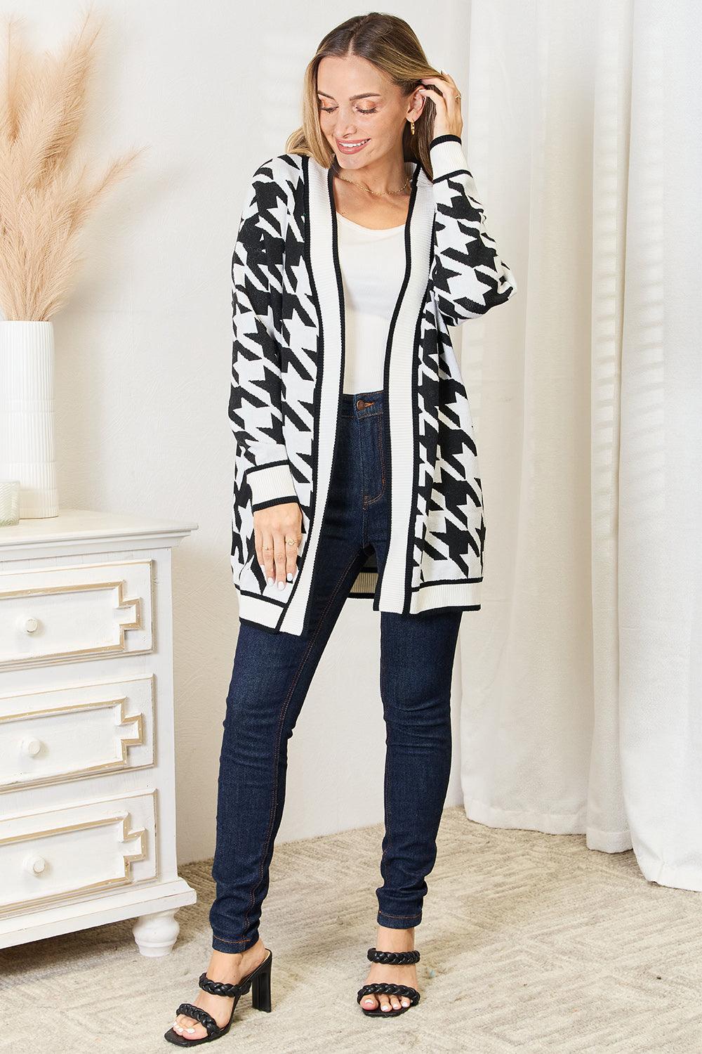 Mandy Woven Right Houndstooth Open Front Longline Cardigan Carauana Store