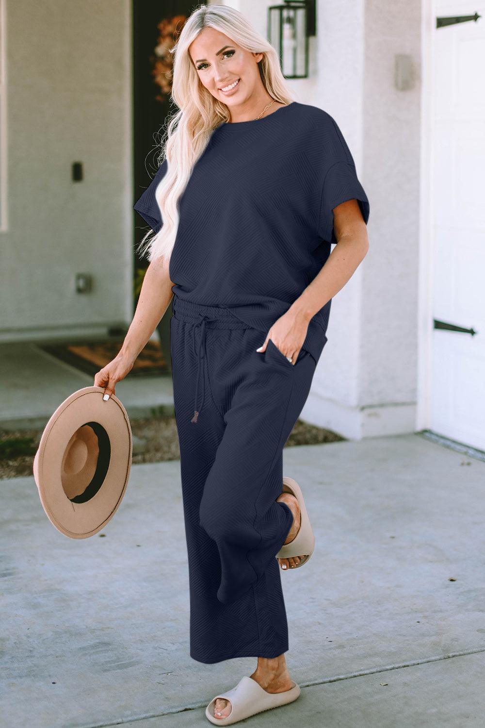 Double Take Full Size Texture Short Sleeve Top and Pants Set Carauana Store