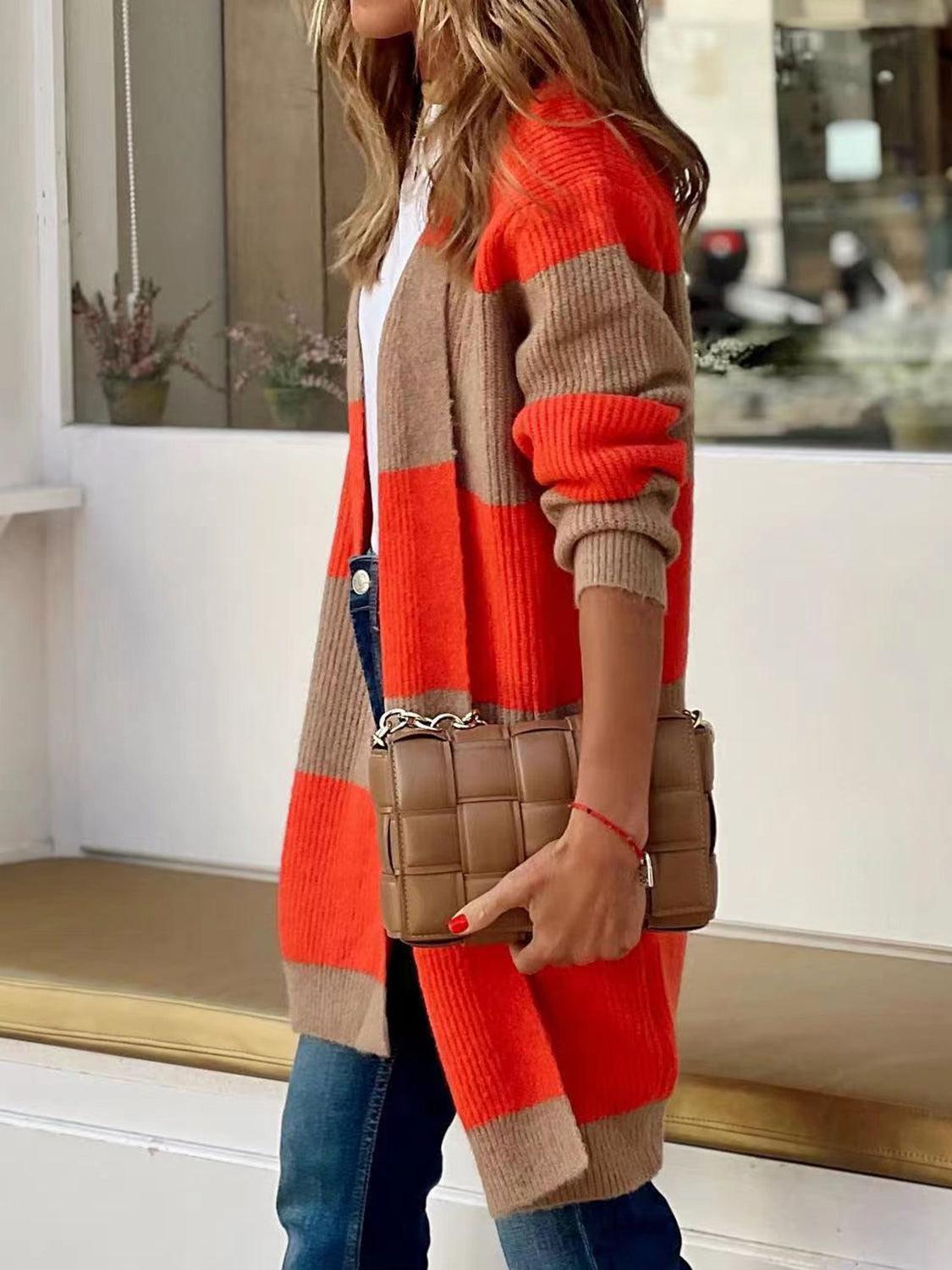 Contrast Open Front Long Sleeve Cardigan Carauana Store