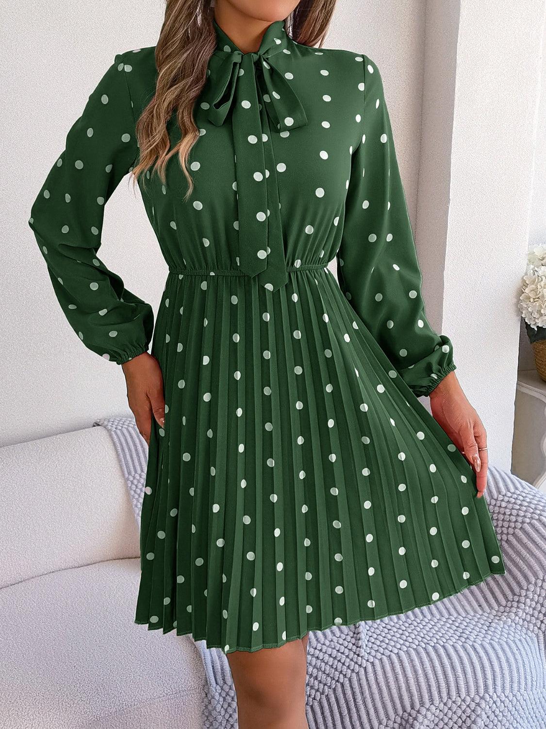 Polka Dot Tie Neck Pleated Dress Carauana Store