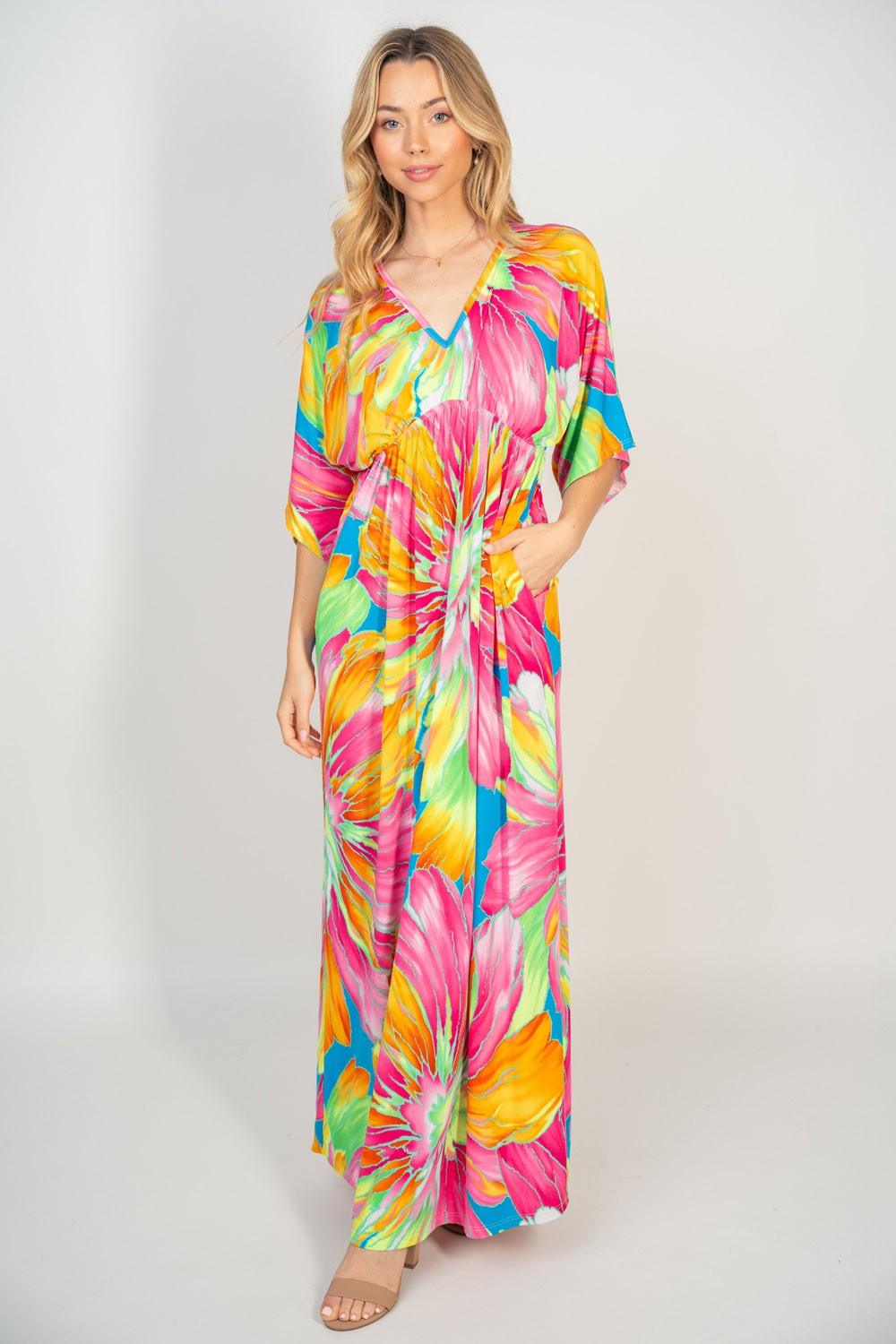 White Birch Printed V-Neck Maxi Dress with Pockets Carauana Store
