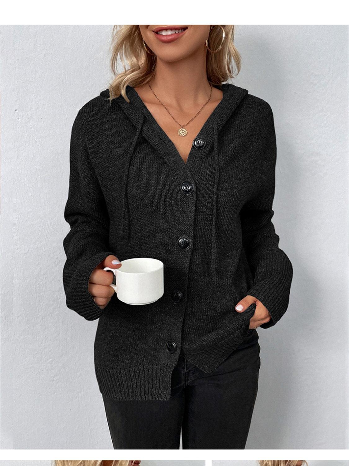 Drawstring Button Up Hooded Cardigan Carauana Store