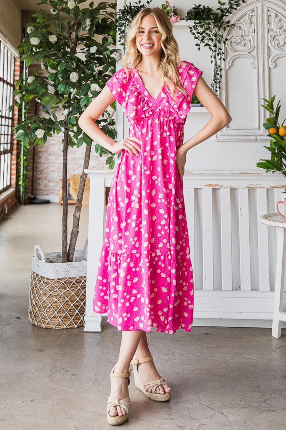 Reborn J Printed V-Neck Ruffle Trim Tiered Midi Dress Carauana Store