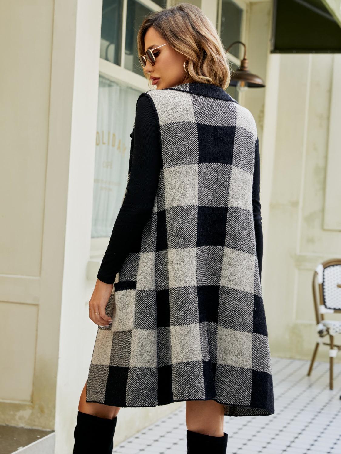 Plaid Lapel Collar Sleeveless Cardigan Carauana Store