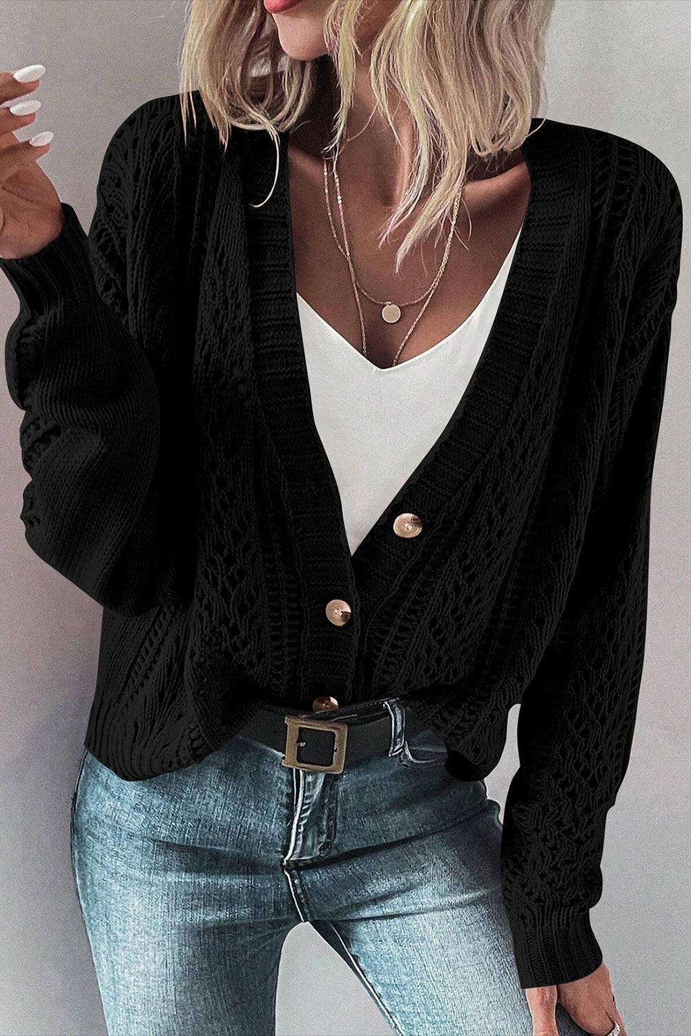 Openwork Button Up Long Sleeve Cardigan Carauana Store