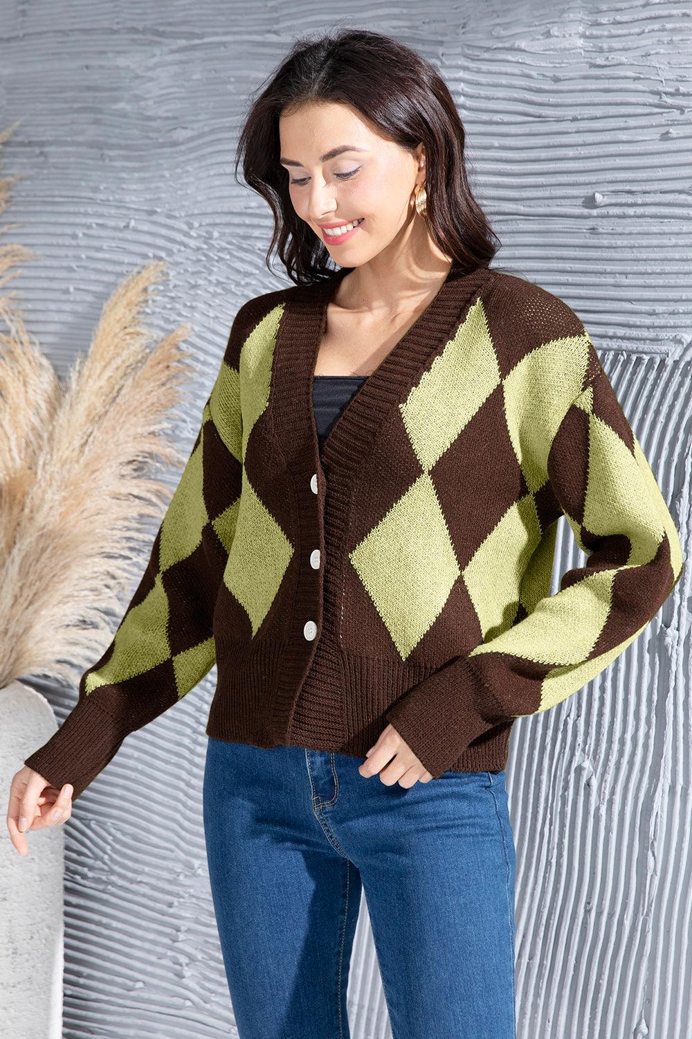 Geometric Button Up Dropped Shoulder Cardigan Carauana Store