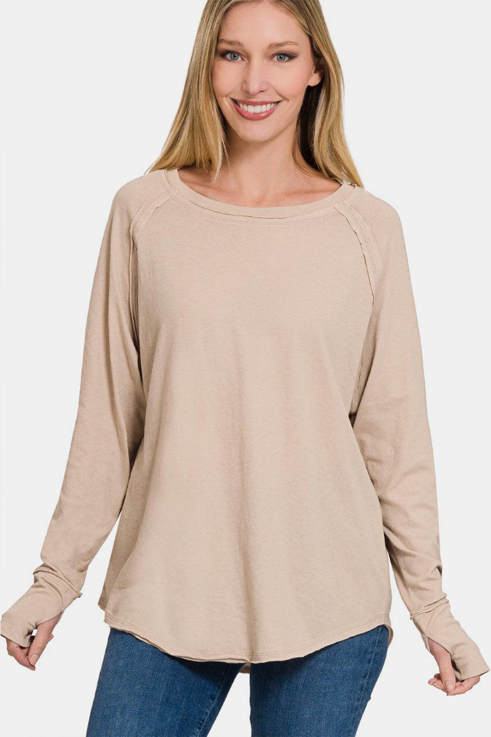 Zenana Round Neck Thumbhole Long Sleeve Top Carauana Store
