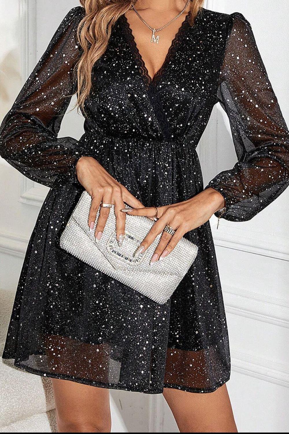 Glitter Surplice Long Sleeve Mini Dress Carauana Store