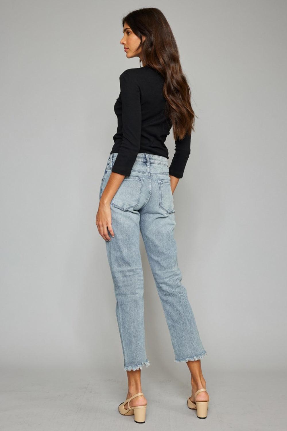 Kancan High Waist Button Fly Raw Hem Cropped Straight Jeans Carauana Store