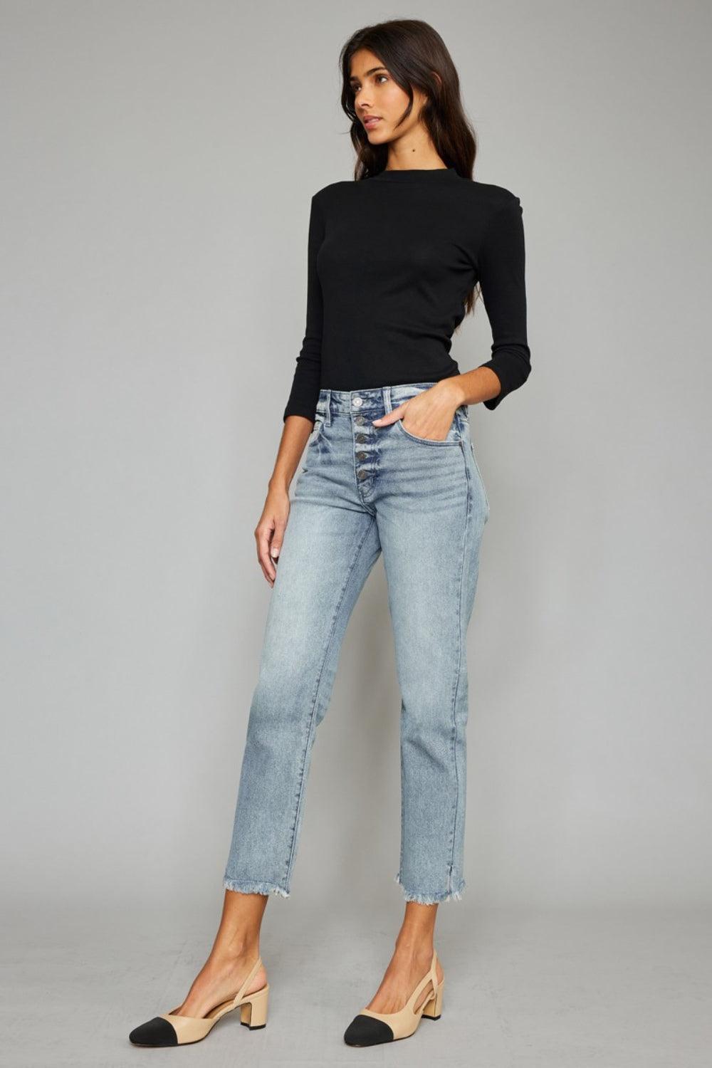 Kancan High Waist Button Fly Raw Hem Cropped Straight Jeans Carauana Store