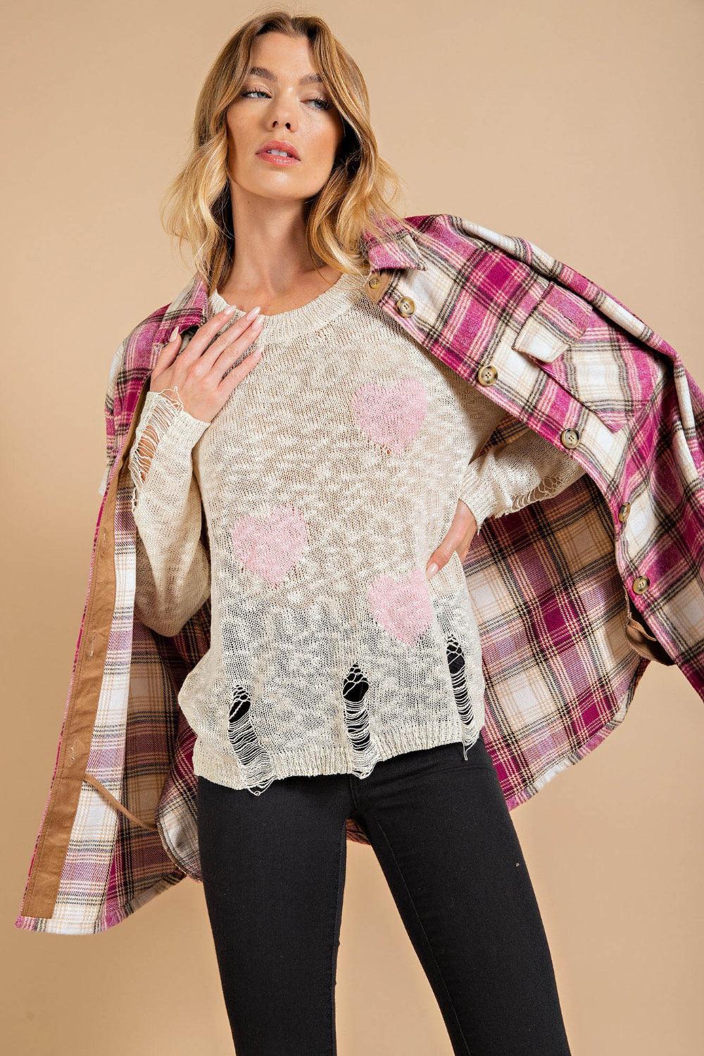 Kori America Heart Pattern Distressed Sweater Carauana Store