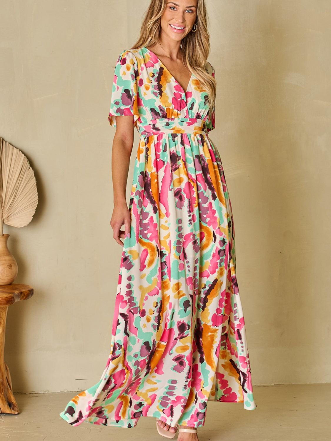 Slit Printed Surplice Short Sleeve Maxi Dress Carauana Store