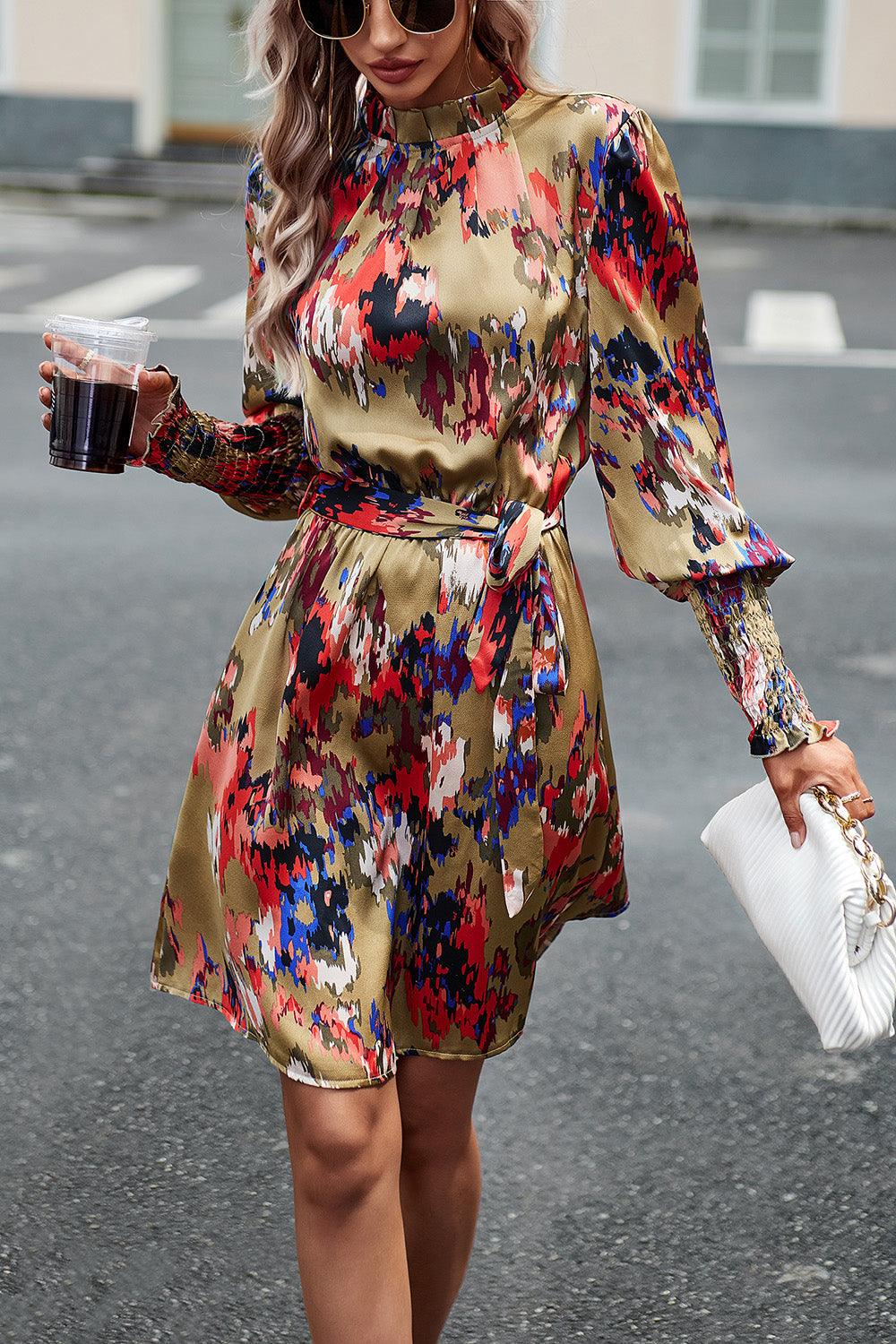 Printed Tie Waist Mock Neck Lantern Sleeve Dress Carauana Store