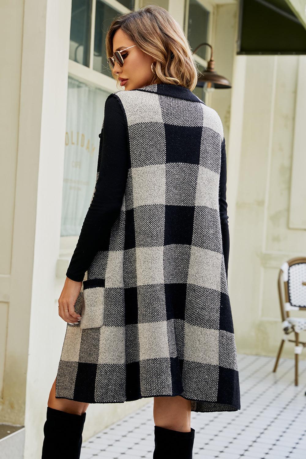 Plaid Open Front Sleeveless Cardigan with Pockets Carauana Store