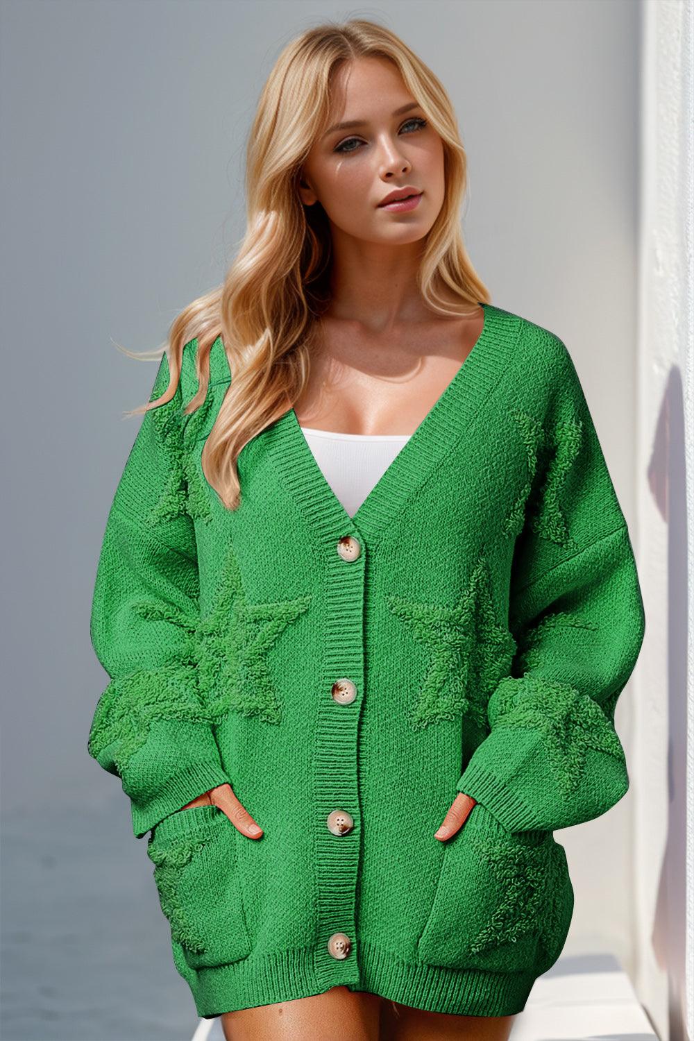Double Take Full Size Button Up Star Pattern Cardigan Carauana Store