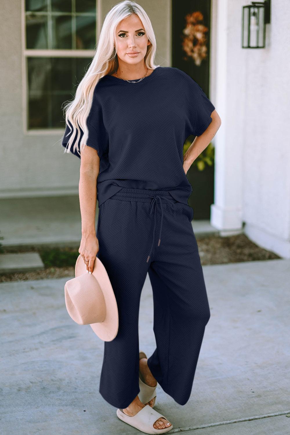 Double Take Full Size Texture Short Sleeve Top and Pants Set Carauana Store