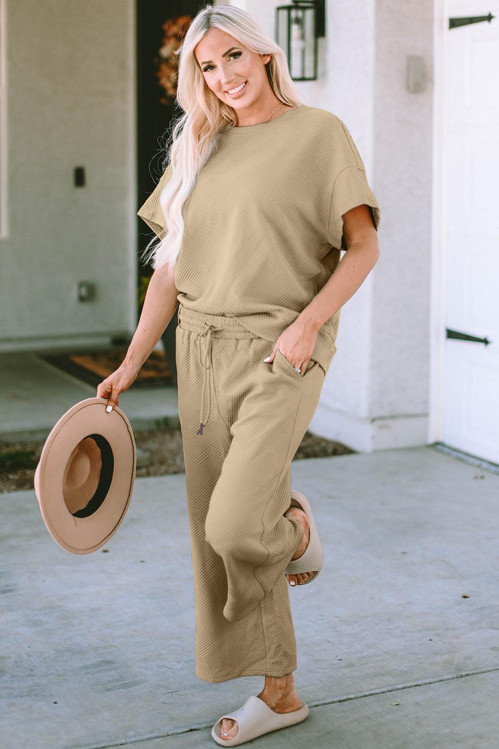 Double Take Full Size Texture Short Sleeve Top and Pants Set Carauana Store