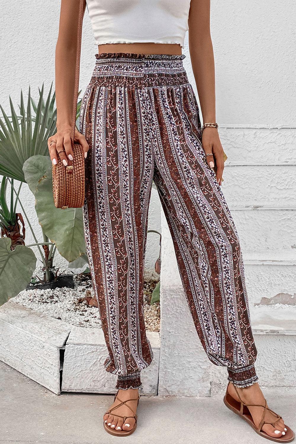 Smocked Printed High Waist Pants Carauana Store