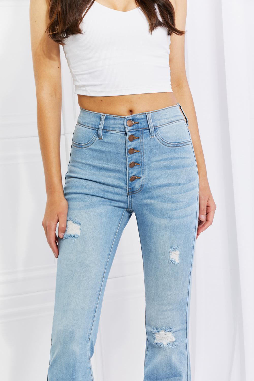 Vibrant MIU Full Size Jess Button Flare Jeans Carauana Store