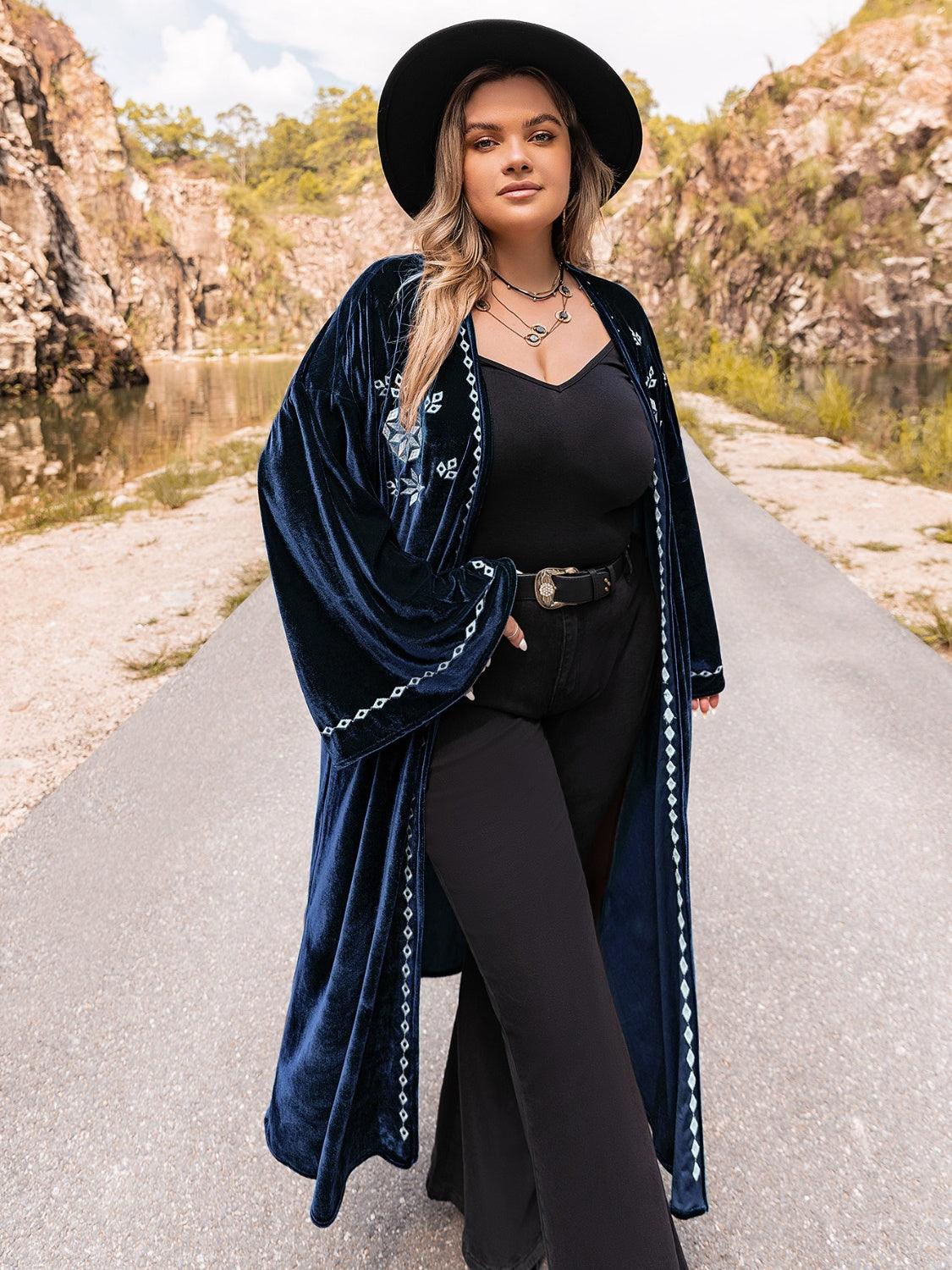 Plus Size Embroidery Open Front Long Sleeve Cardigan Carauana Store