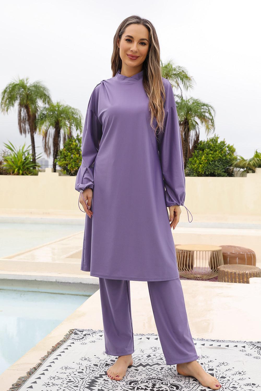 Cap, Drawstring Mock Neck Long Sleeve Top and Pants Swim Set Carauana Store