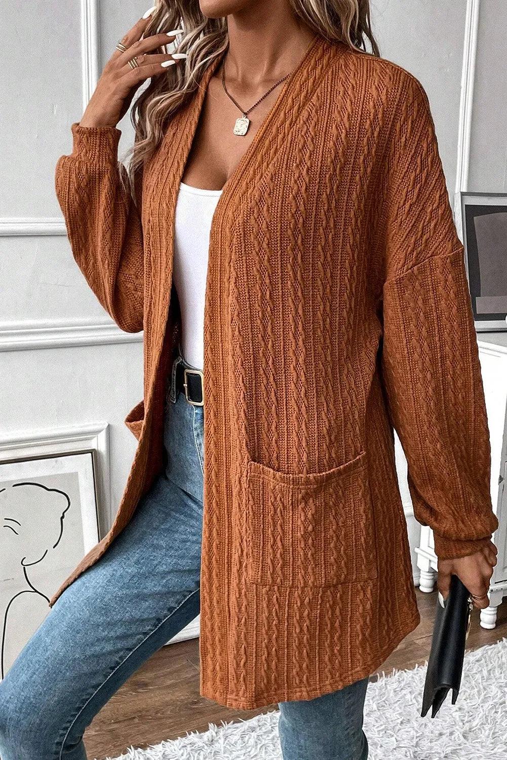 Textured Pocketed Open Front Long Sleeve Cover Up Carauana Store