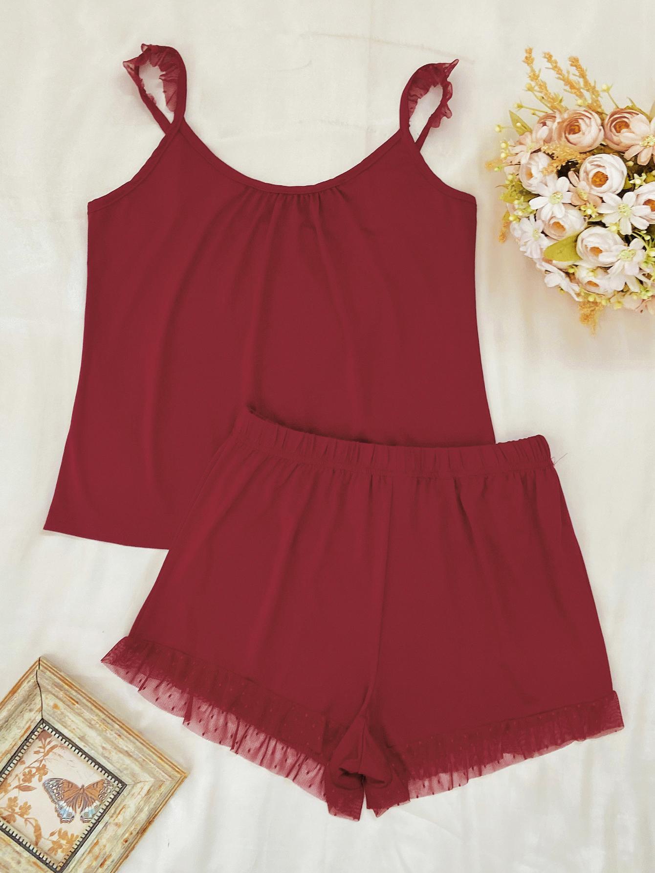 Gathered Detail Spliced Mesh Sleeveless Top and Shorts Lounge Set Carauana Store