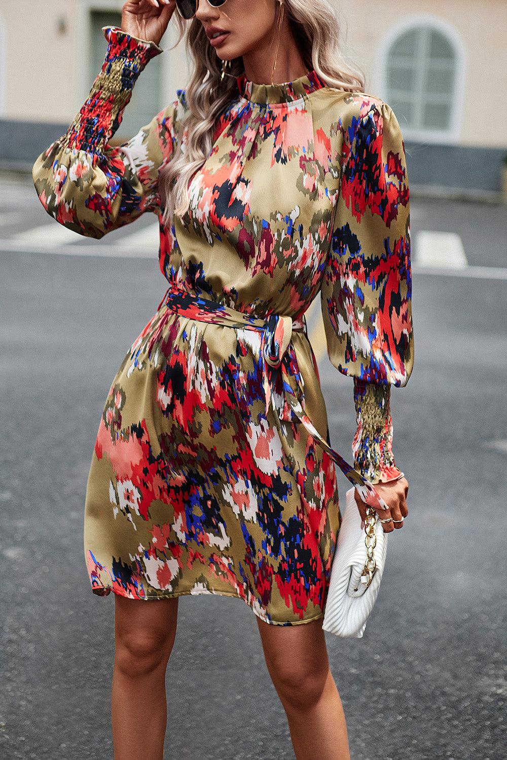 Printed Tie Waist Mock Neck Lantern Sleeve Dress Carauana Store