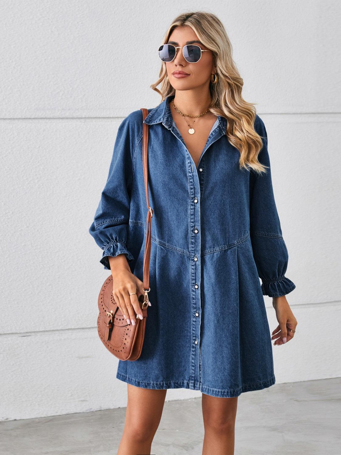 Button Up Flounce Sleeve Mini Denim Dress Carauana Store