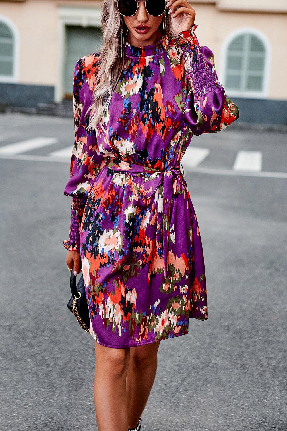 Printed Tie Waist Mock Neck Lantern Sleeve Dress Carauana Store