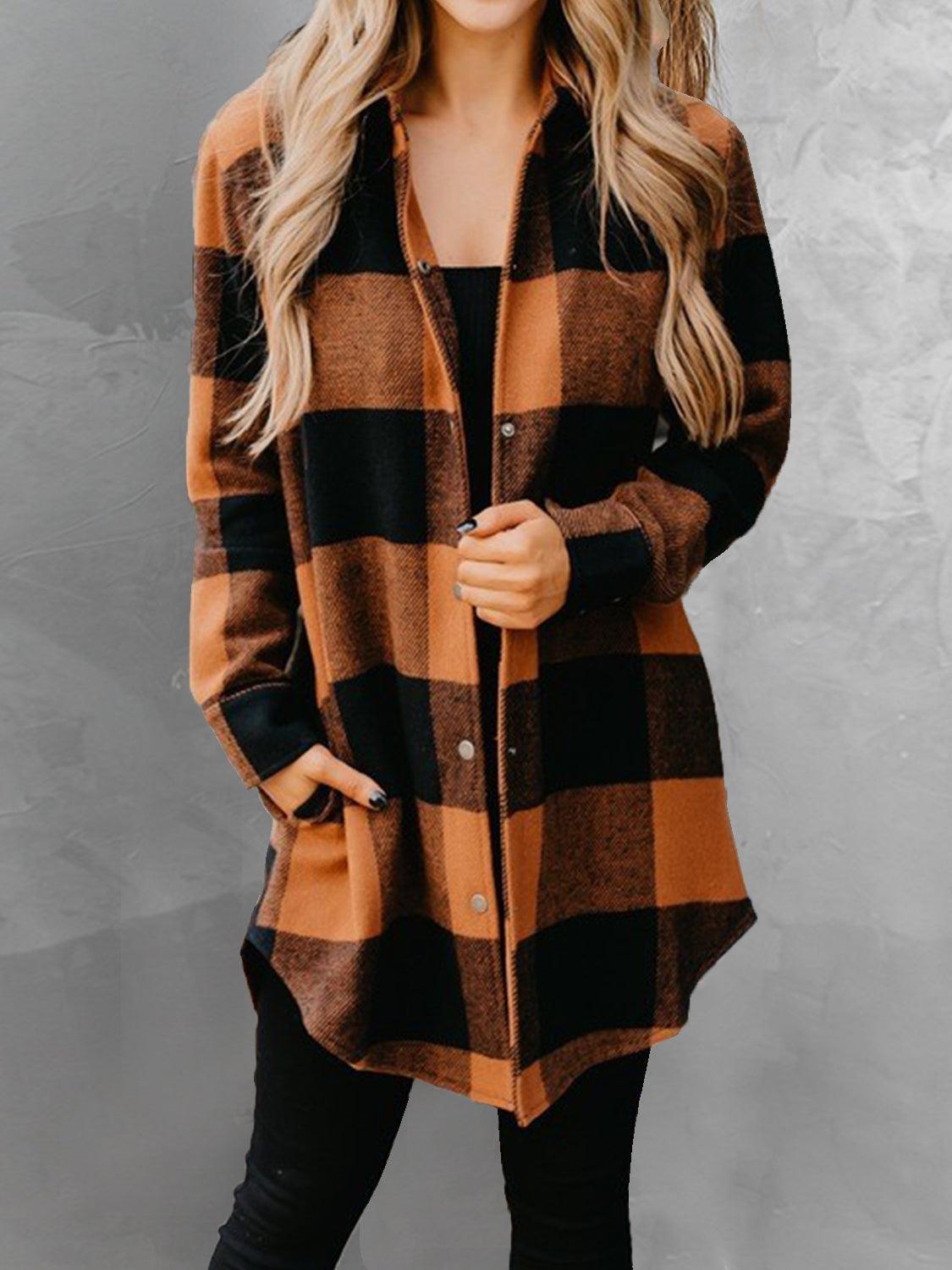 Plaid Snap Down Long Sleeve Jacket Carauana Store