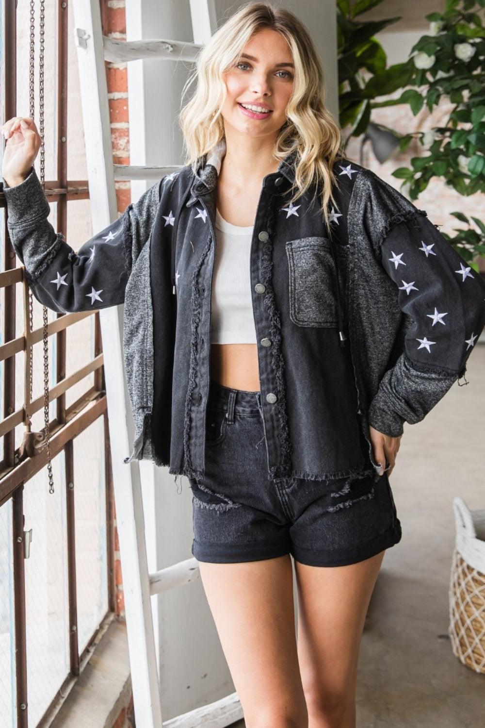 Veveret Star Embroidered Hooded Denim Jacket Carauana Store