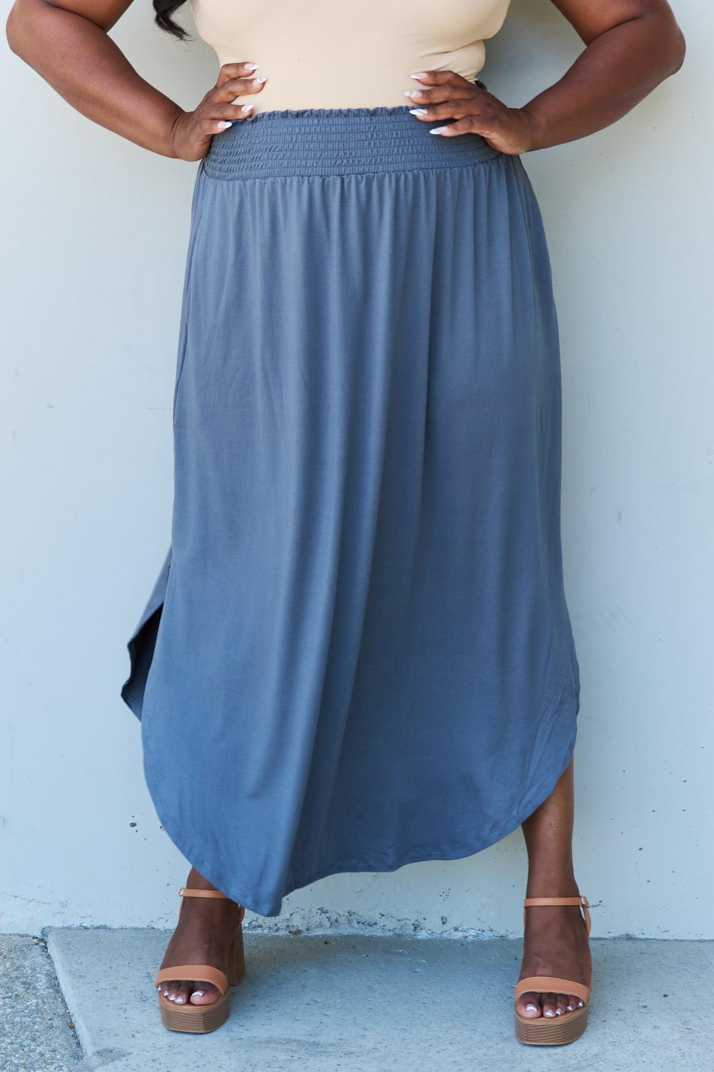 Doublju Comfort Princess Full Size High Waist Scoop Hem Maxi Skirt in Dusty Blue Carauana Store