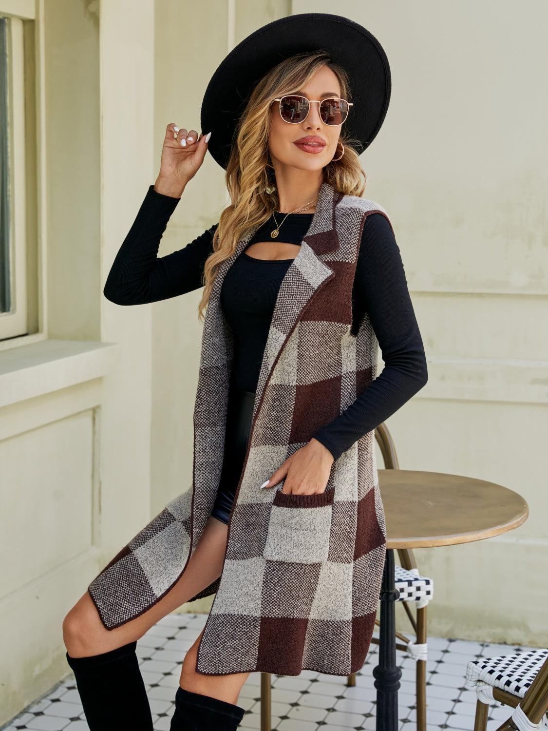 Plaid Lapel Collar Sleeveless Cardigan Carauana Store
