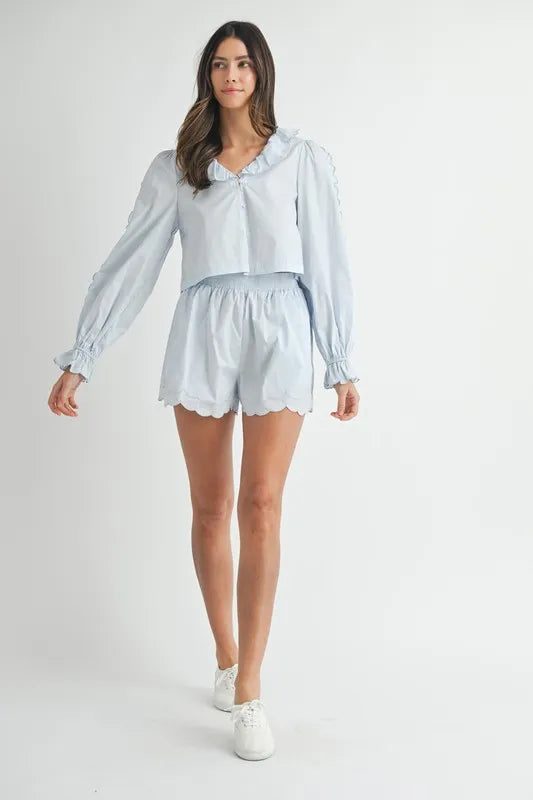 MABLE Long Sleeve Scallop Blouse and Shorts Set Carauana Store