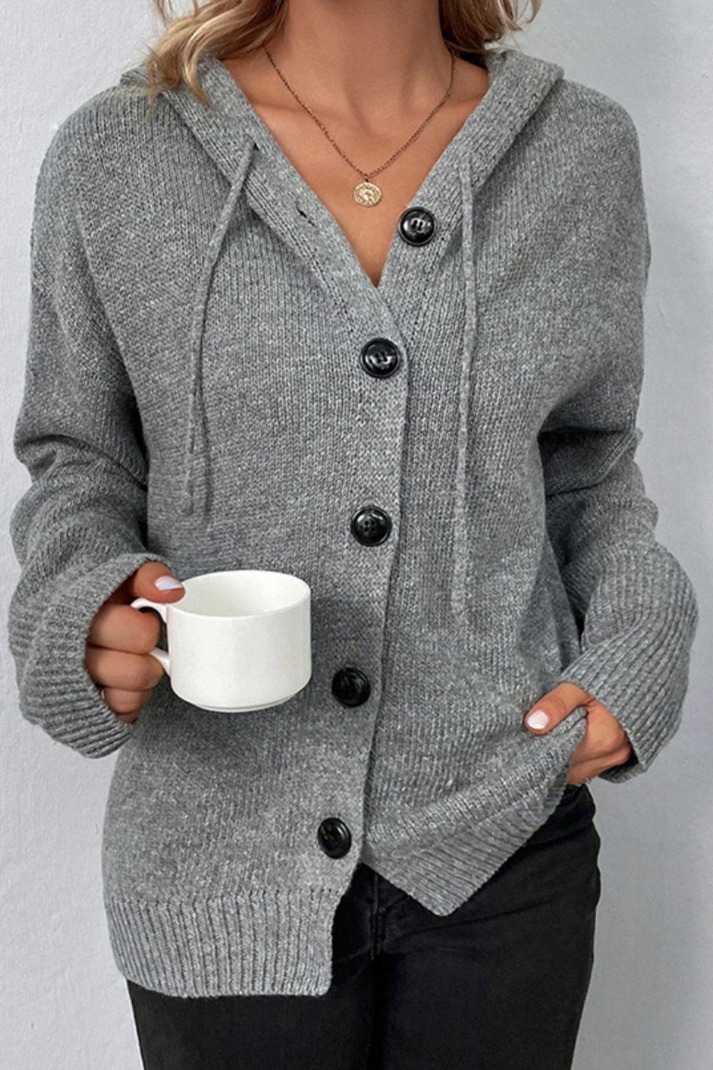 Drawstring Button Up Hooded Cardigan Carauana Store