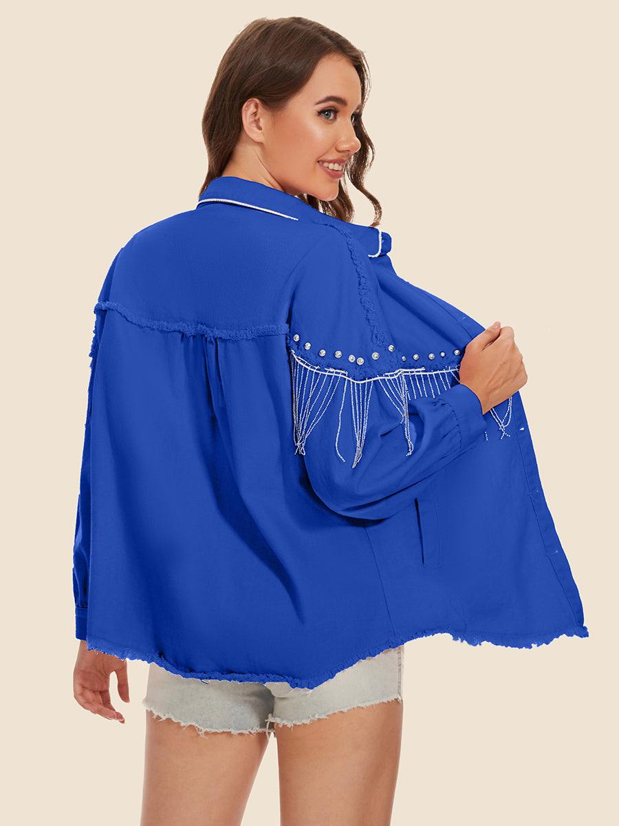 Raw Hem Fringe Detail Denim Jacket Carauana Store