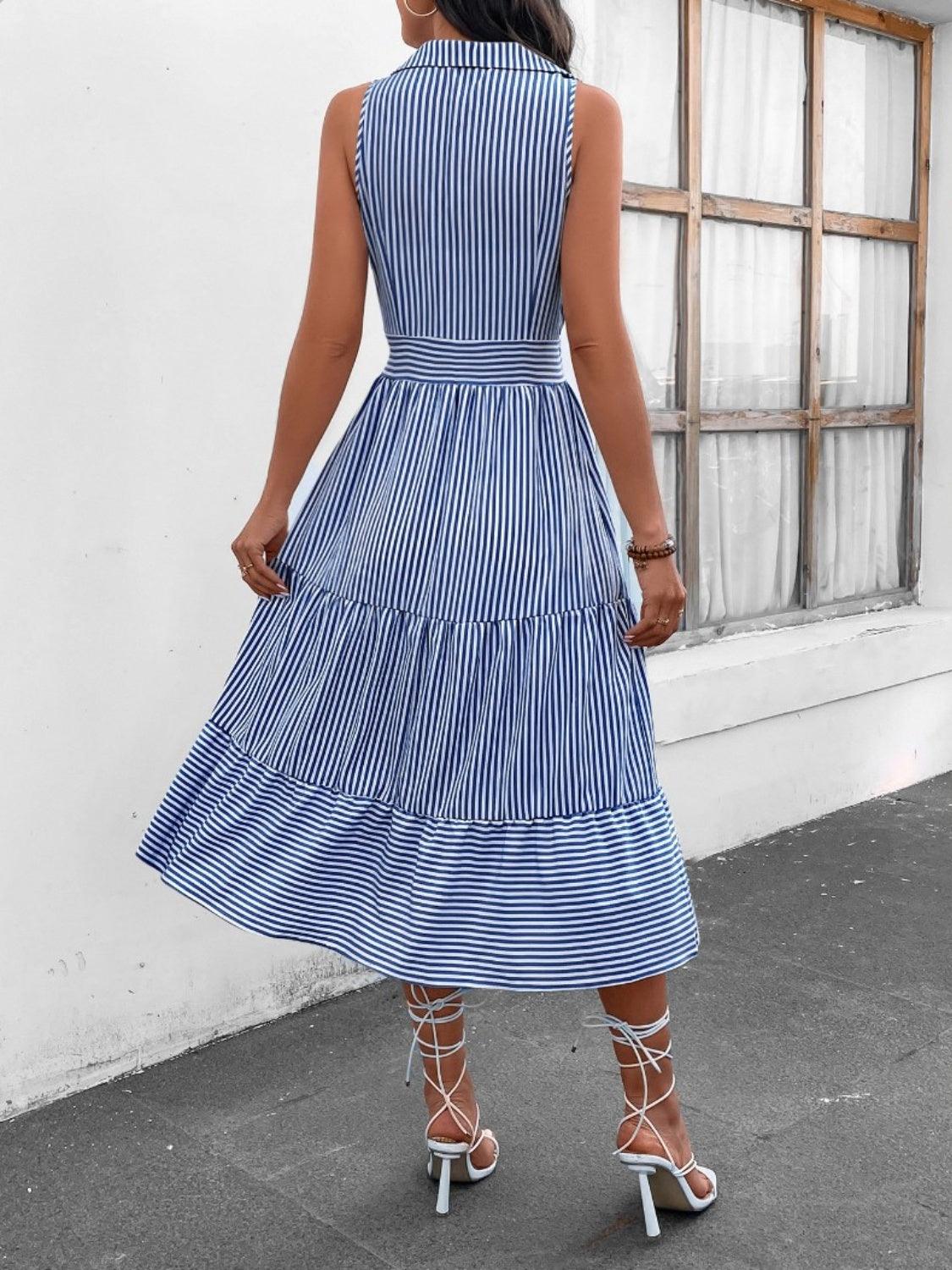 Striped Johnny Collar Sleeveless Midi Dress Carauana Store