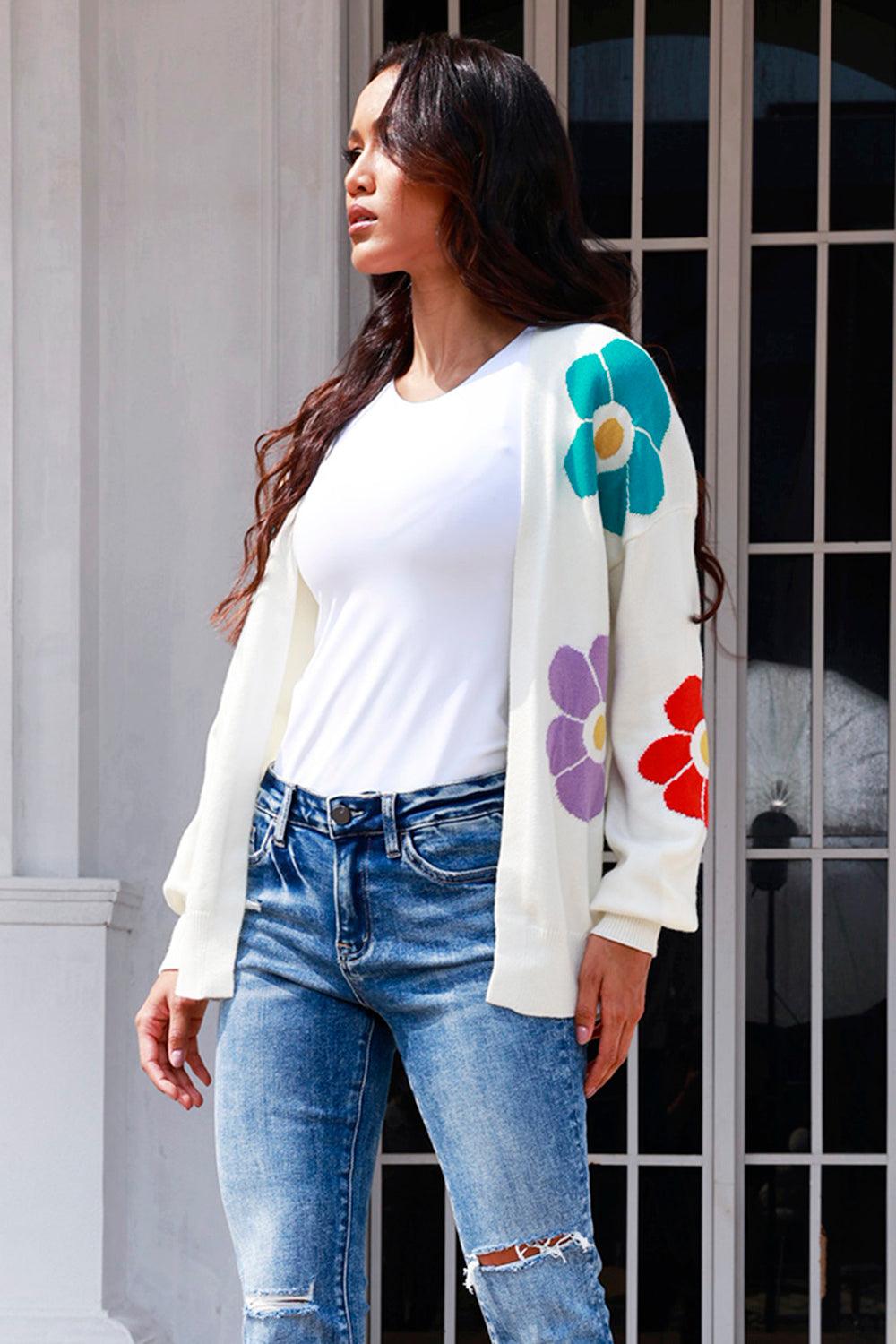 Flower Pattern Open Front Long Sleeve Cardigan Carauana Store