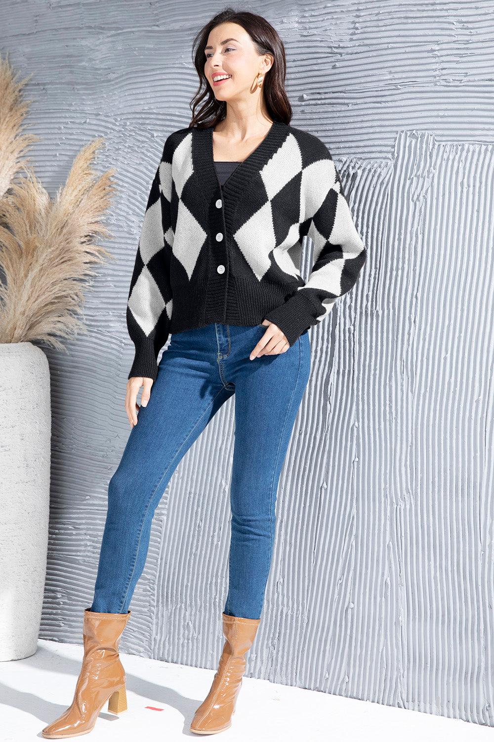Geometric Button Up Dropped Shoulder Cardigan Carauana Store