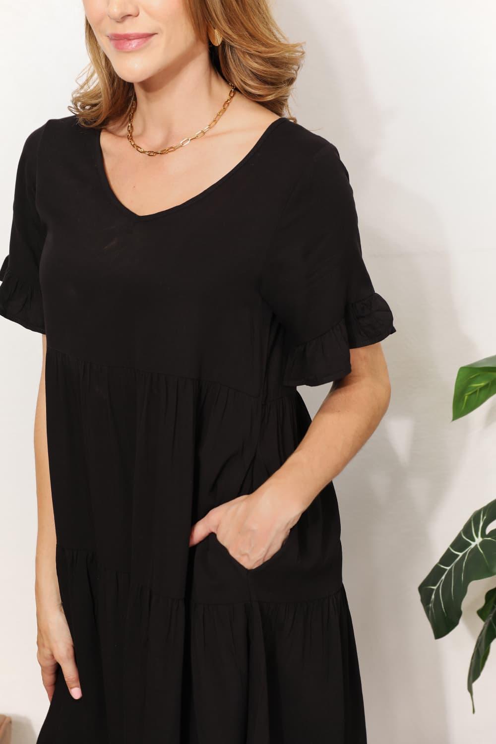 Double Take V-Neck Flounce Sleeve Tiered Dress Carauana Store