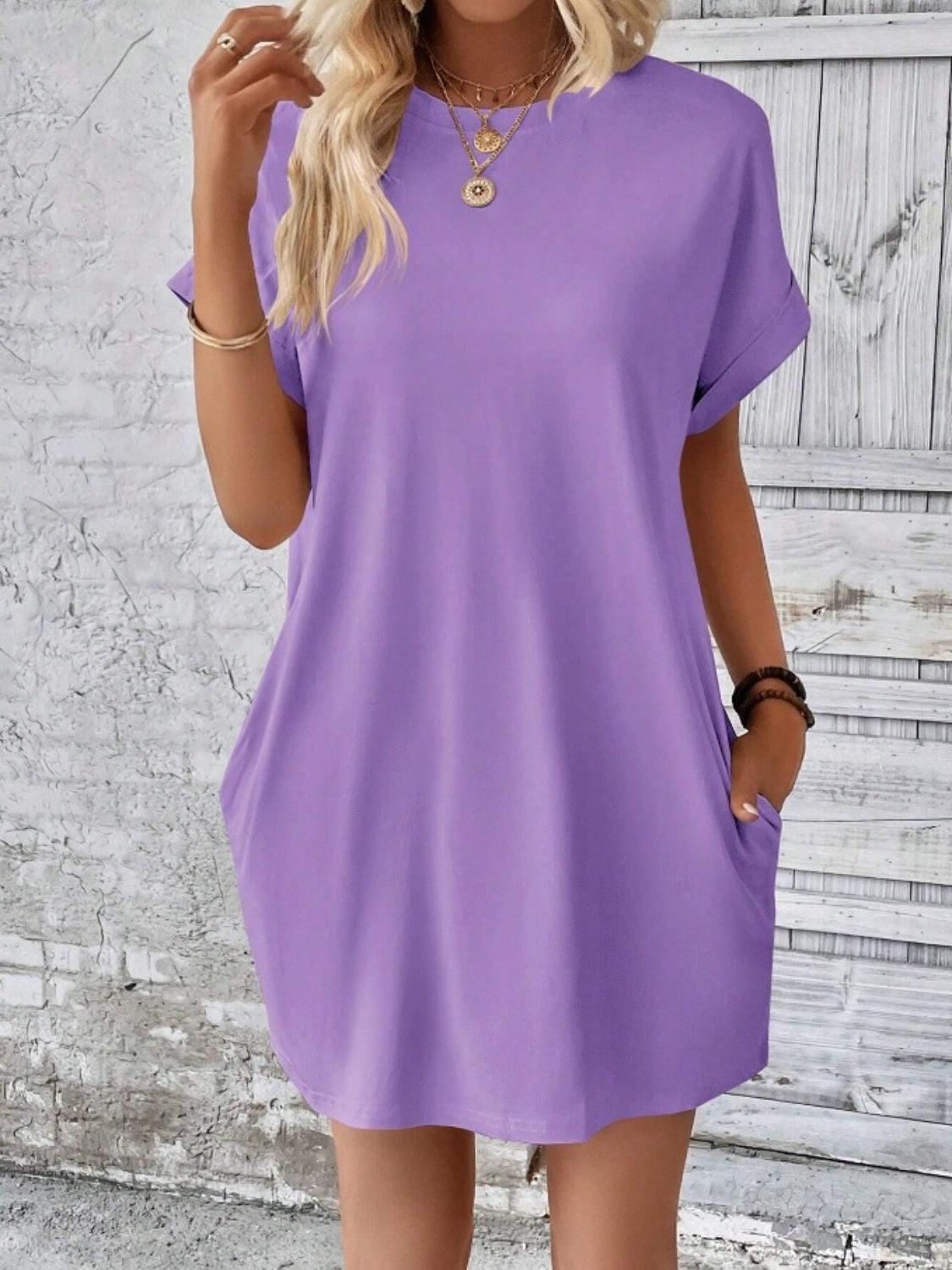 Pocketed Round Neck Short Sleeve Dress Carauana Store