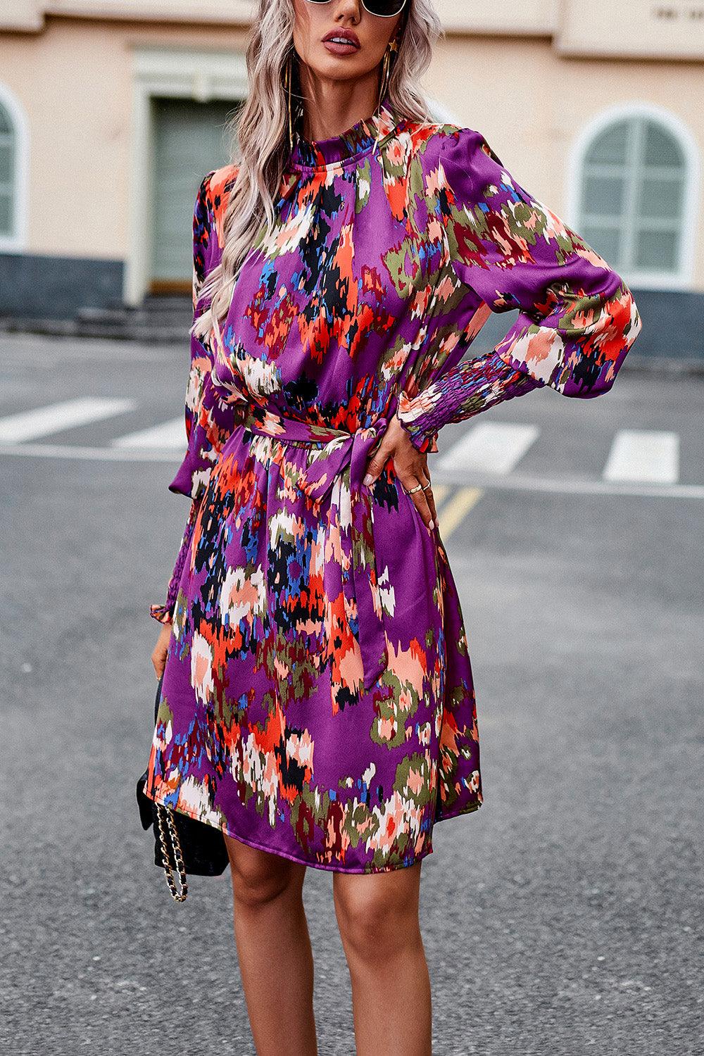 Printed Tie Waist Mock Neck Lantern Sleeve Dress Carauana Store