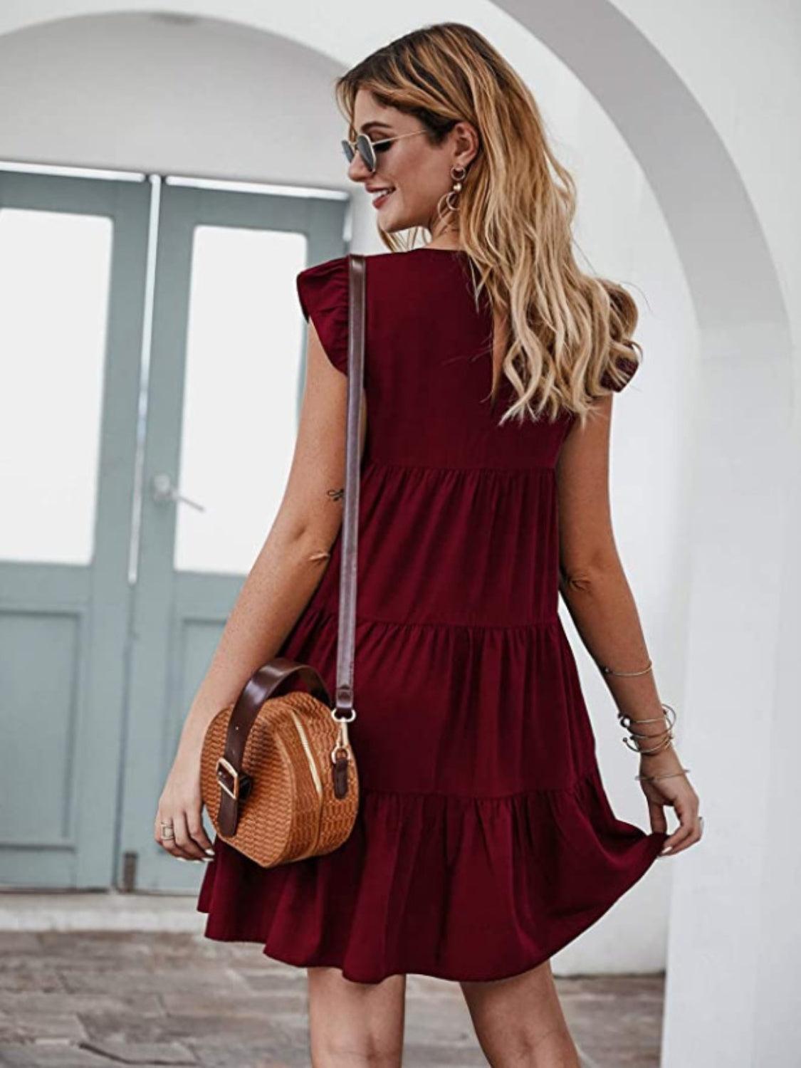 Ruffled Round Neck Cap Sleeve Mini Dress Carauana Store