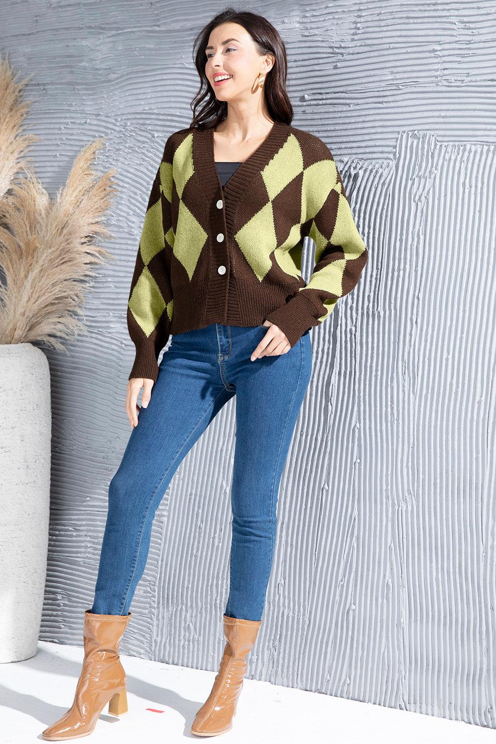 Geometric Button Up Dropped Shoulder Cardigan Carauana Store