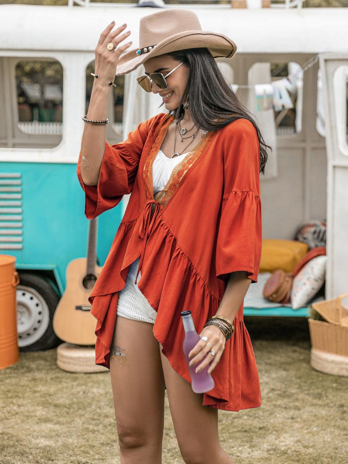 Lace Detail Tied Dropped Shoulder Cover Up Carauana Store